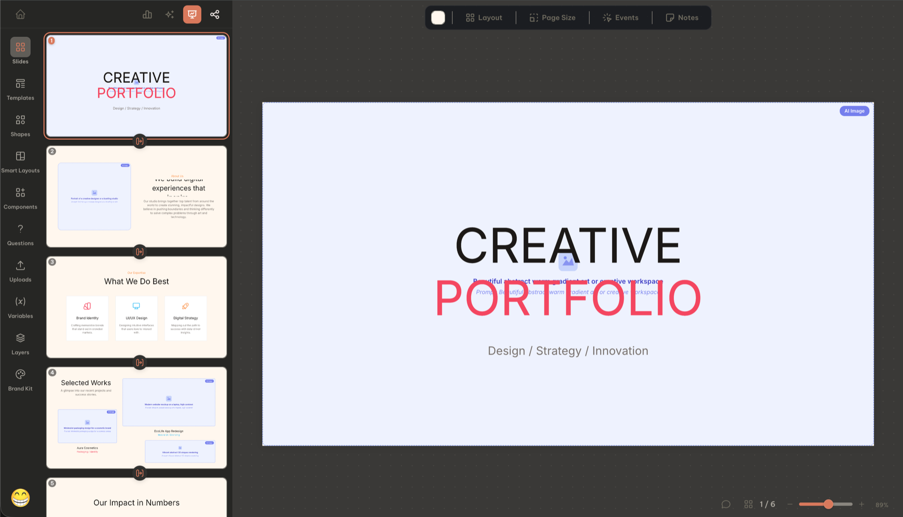 The Mosra editor with a slide open on the canvas. The left rail lists Slides, Templates, Shapes, Smart Layouts, Components, Questions, Uploads, Variables, Layers and Brand Kit; the slide thumbnails run down beside it, and the toolbar above the canvas holds Layout, Page Size, Events and Notes.